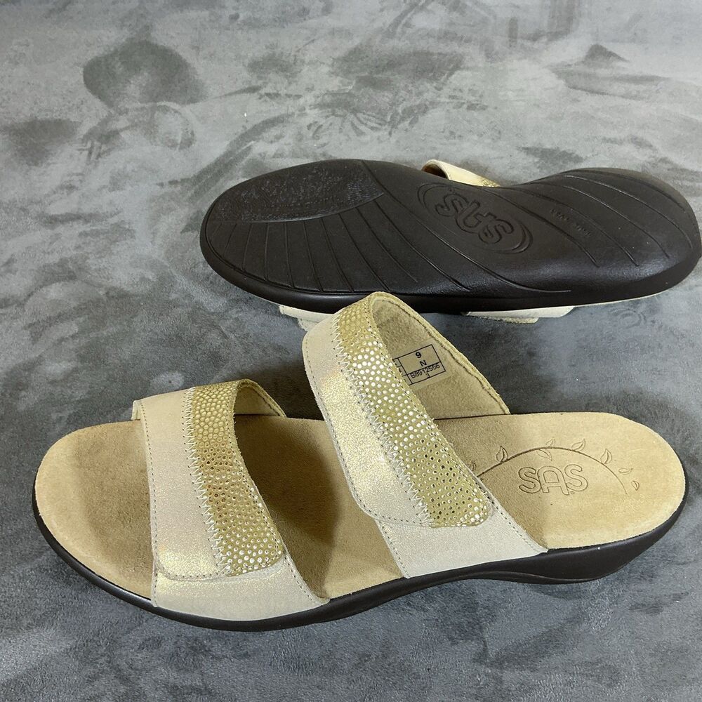 SAS Nudu Slide Sandals 9 N Womens Sandals Narrow Gold Textured Comfofrt Footwear